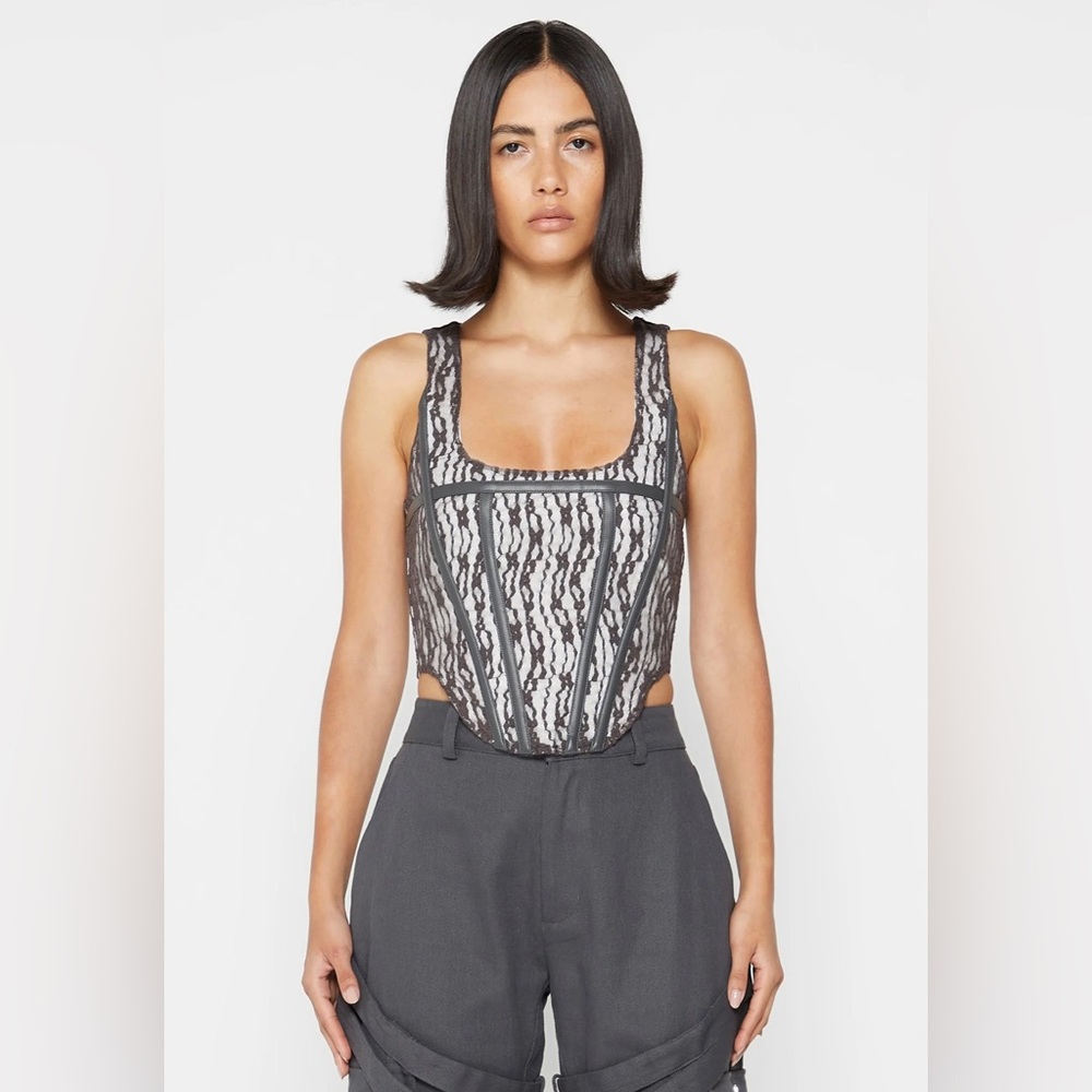 Maniere de Voir - LACE WITH VEGAN LEATHER CORSET TOP - GREY